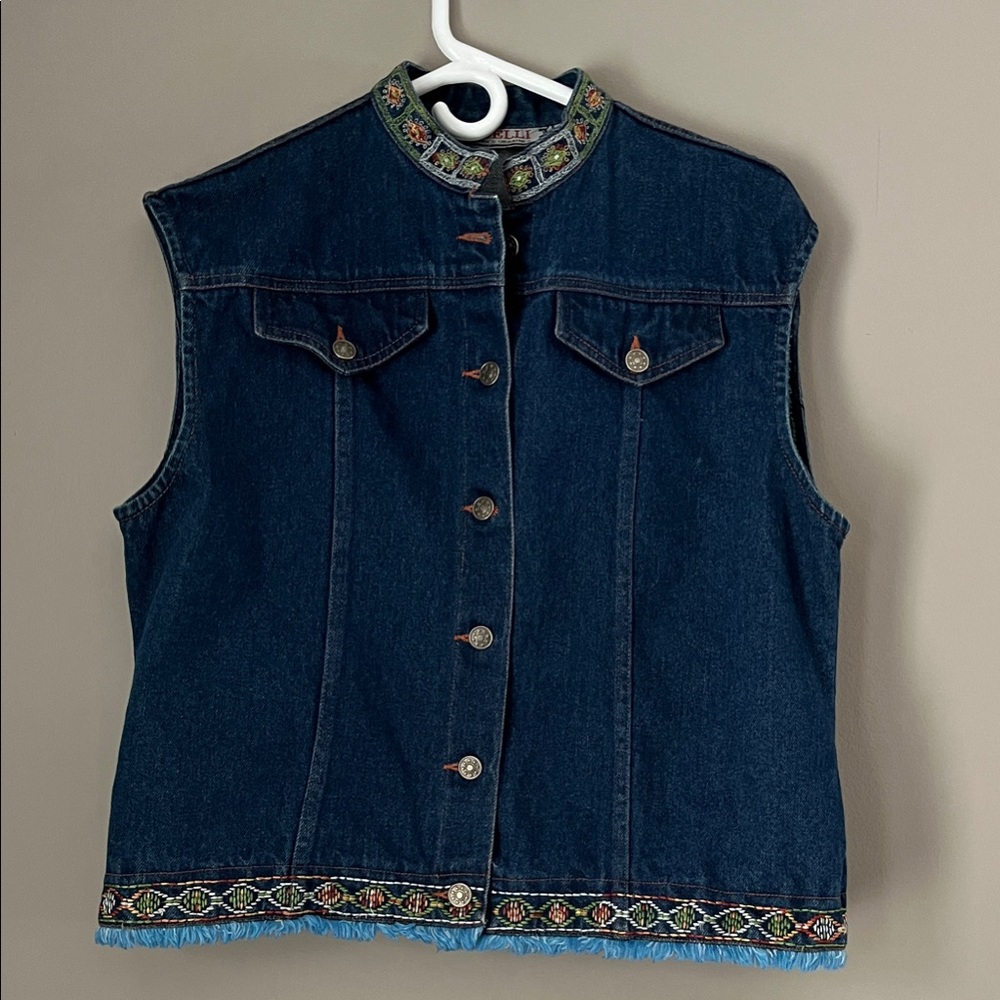 Denim Jacket with Embroidered Collar - Green & Orange Accent
